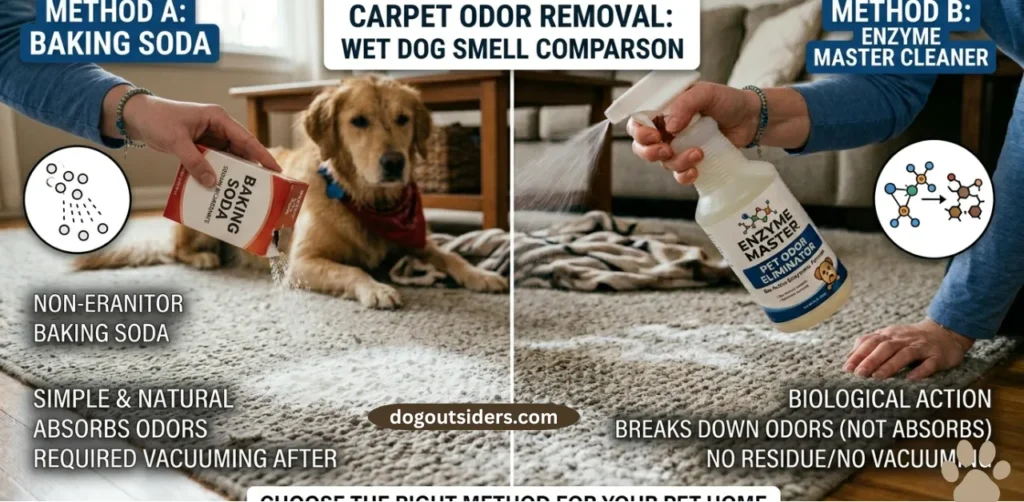 Comparison of carpet odor removal methods for wet dog smell baking soda vs enzyme cleaner