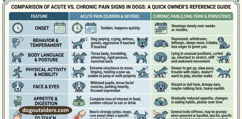 Comparison table of acute versus chronic pain signs in dogs for owner reference guide