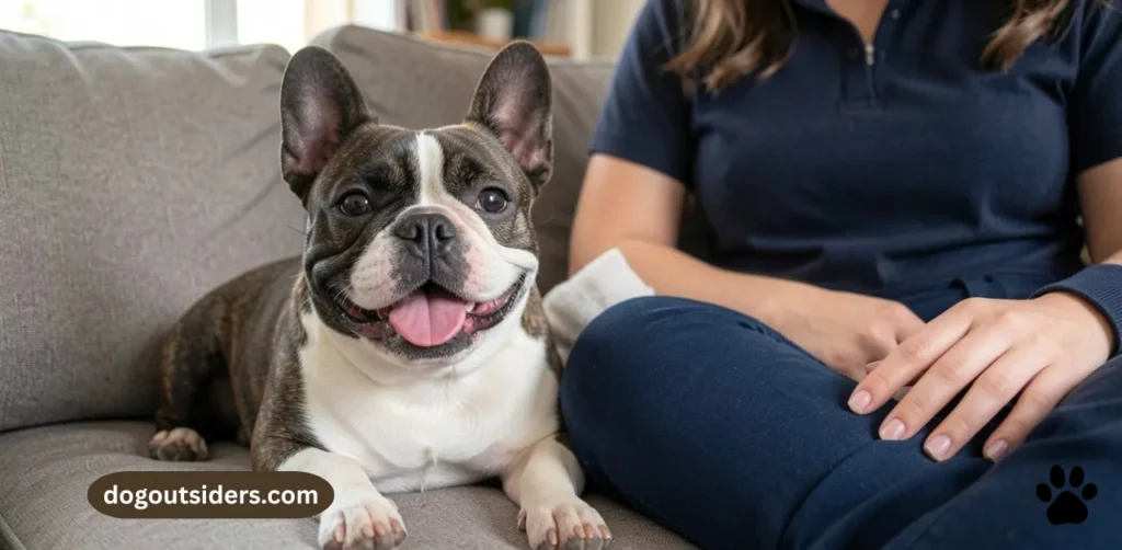 Confident well-socialized French Bulldog relaxing happily beside owner indoors