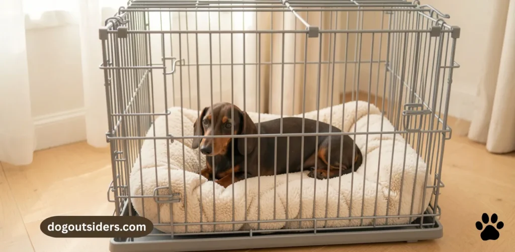 Correctly sized dachshund puppy crate with soft bedding set up for crate training