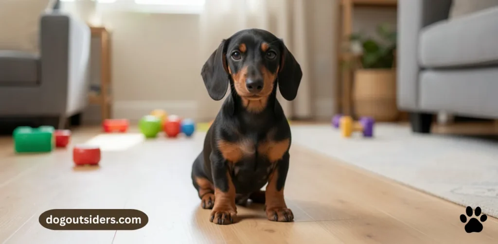 Dachshund puppy sitting attentively on floor during indoor house training session