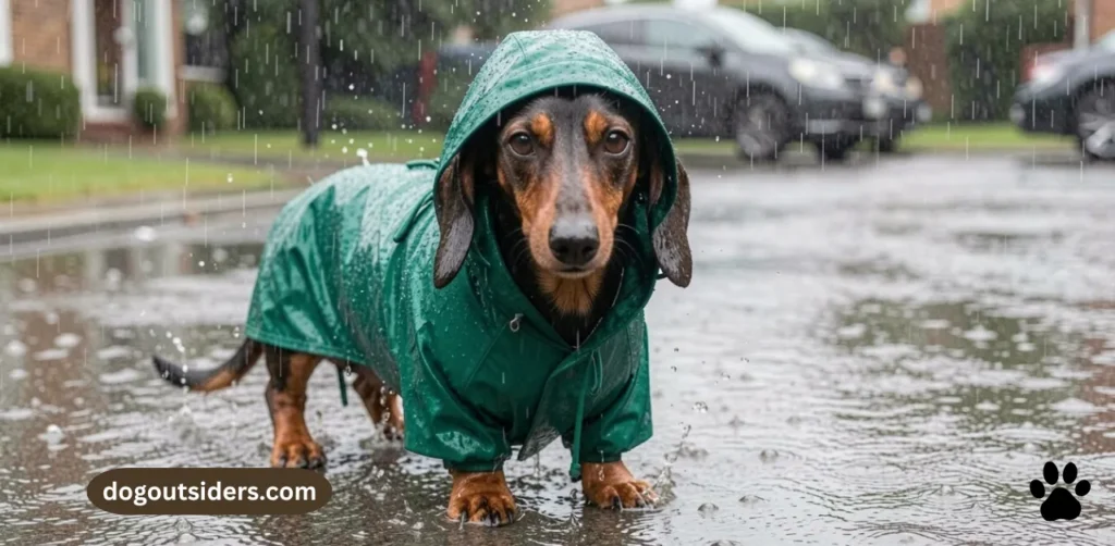 Dachshund wearing small waterproof raincoat being encouraged outside in wet weathe