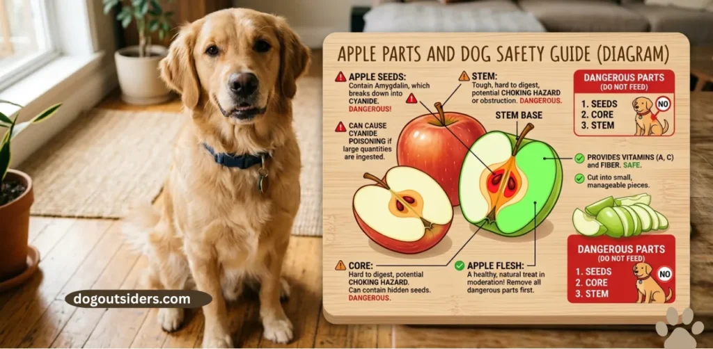 Diagram showing which parts of an apple are dangerous for dogs including seeds core and stem