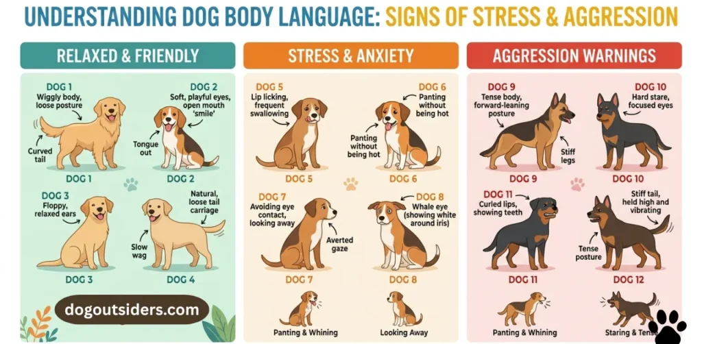 Dog body language chart showing stress and aggression warning signs 