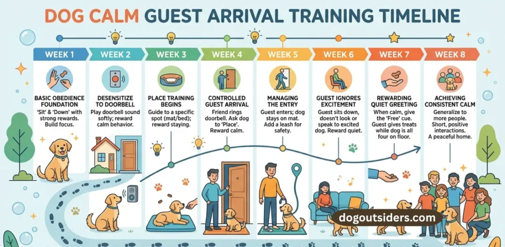 Dog calm guest arrival training timeline showing weekly milestones from doorbell to greeting
