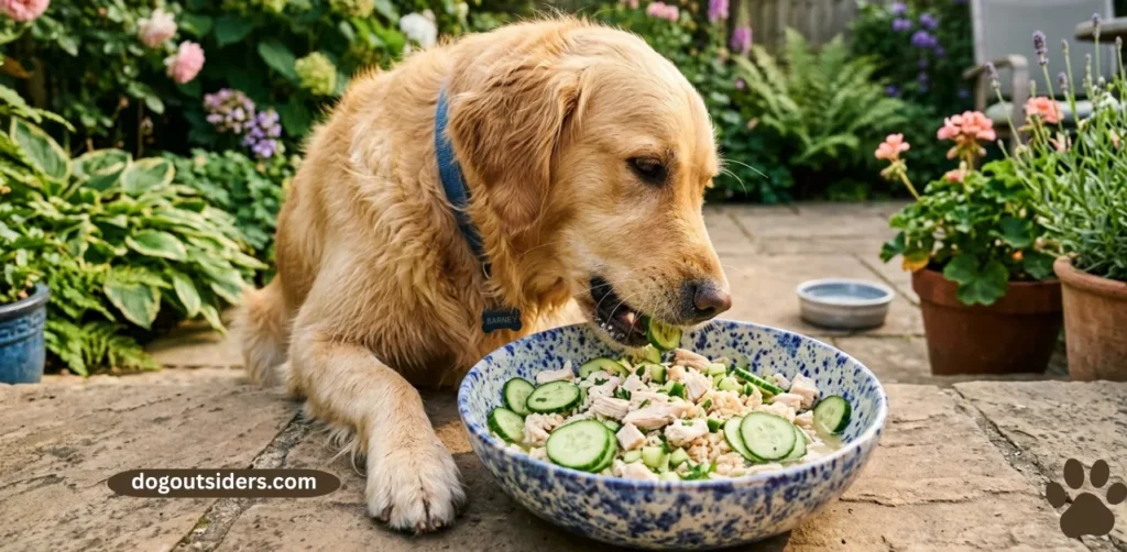 Dog eating a chicken and cucumber summer meal in a bowl