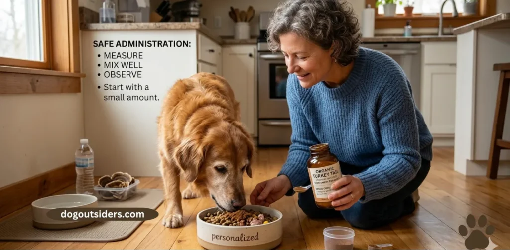 Dog eating food with turkey tail mushroom supplement mixed in showing how to administer dosage safely