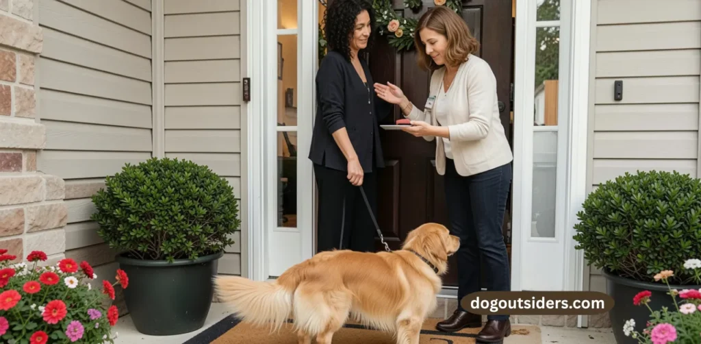 Dog holding place command on mat while owner welcomes guest calmly at front door