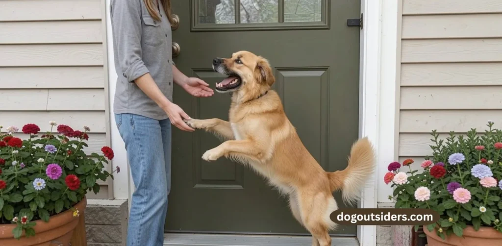 Dog jumping excitedly on guest at front door showing need for calm greeting training