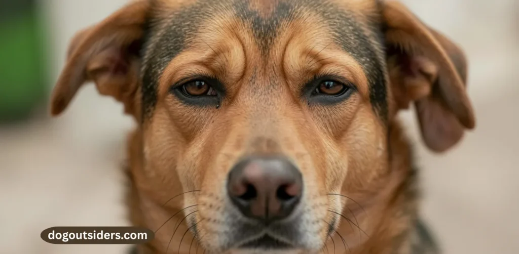 Dog pain face showing tight forehead brow ridge and half moon eyes identified by Dog Grimace Scale
