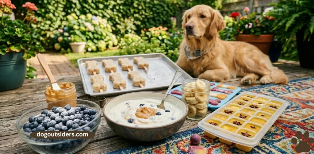 Dog-safe frozen treat ingredients including blueberries, banana, and Greek yogurt