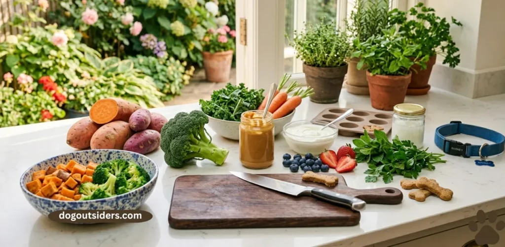 Dog-safe summer ingredients laid out on a counter including sweet potato and broccoli