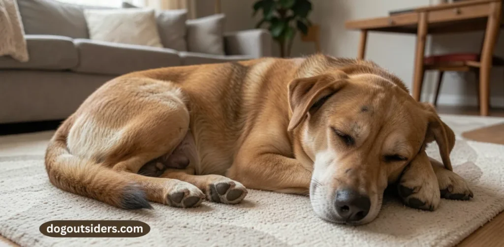 Dog showing subtle signs of hidden pain lying quietly at home without whimpering