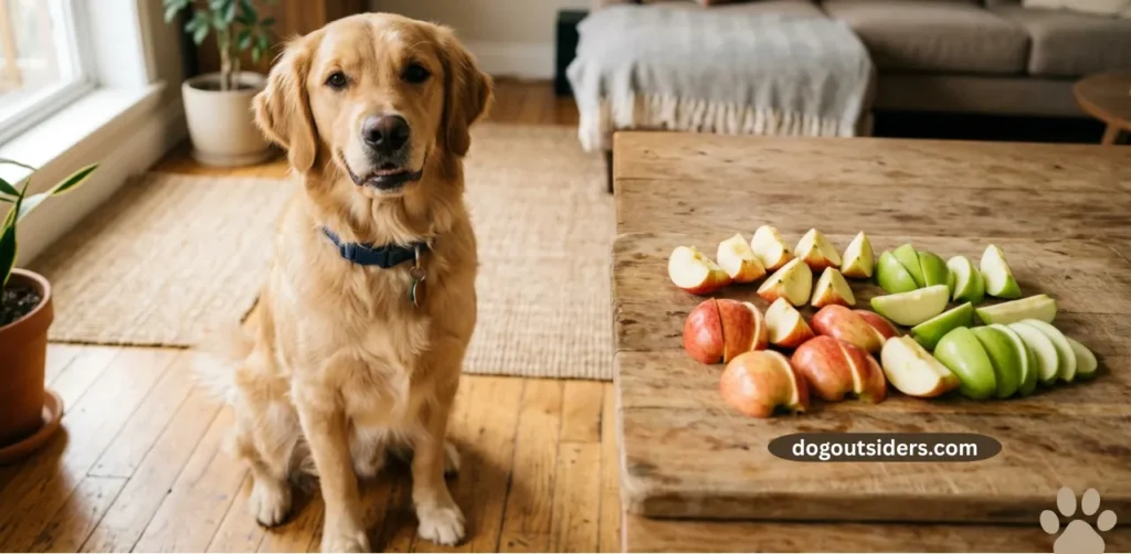 Dog sitting next to sliced apple pieces on a wooden board showing apples are safe for dogs