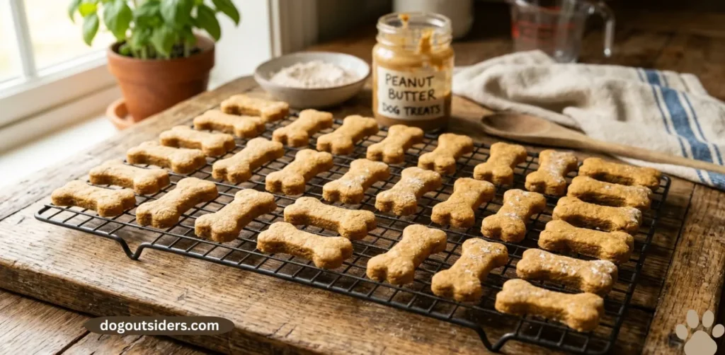Easy 4 ingredient peanut butter dog treats cooling on a wooden board