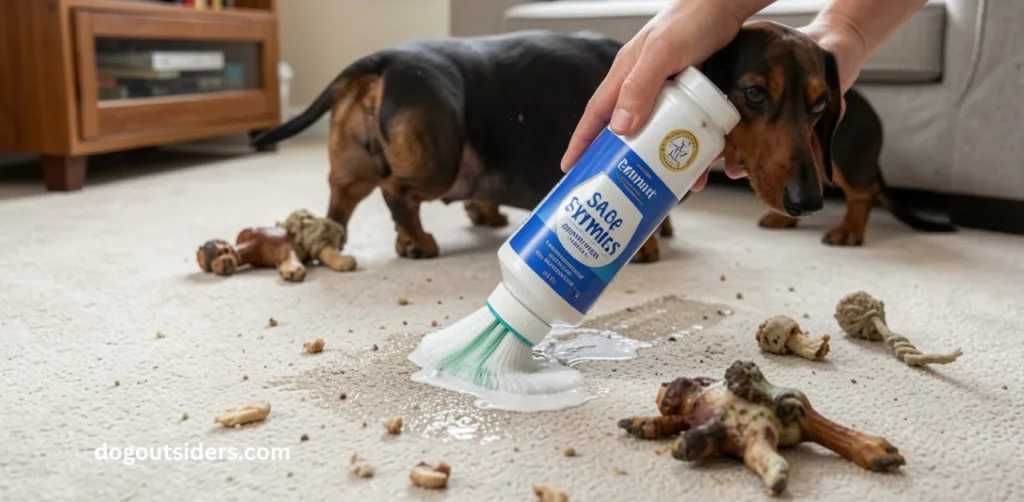 Enzymatic cleaner being applied to carpet after indoor dachshund accident cleanup