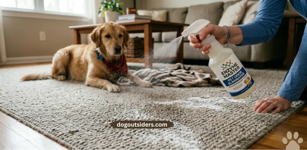 Enzyme-based pet odor cleaner sprayed on carpet to eliminate wet dog smell