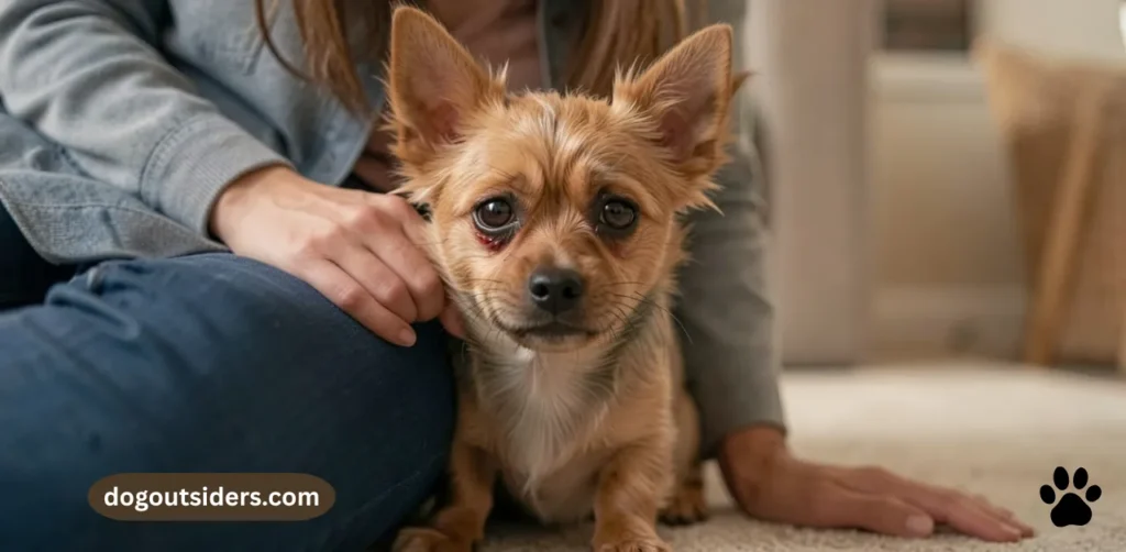 Fearful small dog hiding behind owner showing stress signals