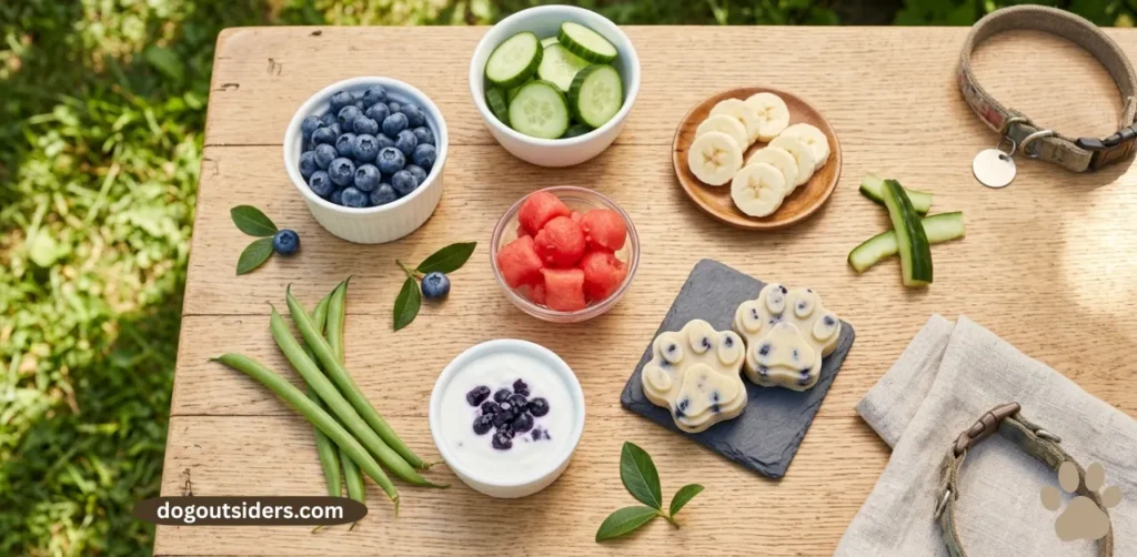 Flat lay of seven dog-safe summer snacks including blueberries cucumber and banana
