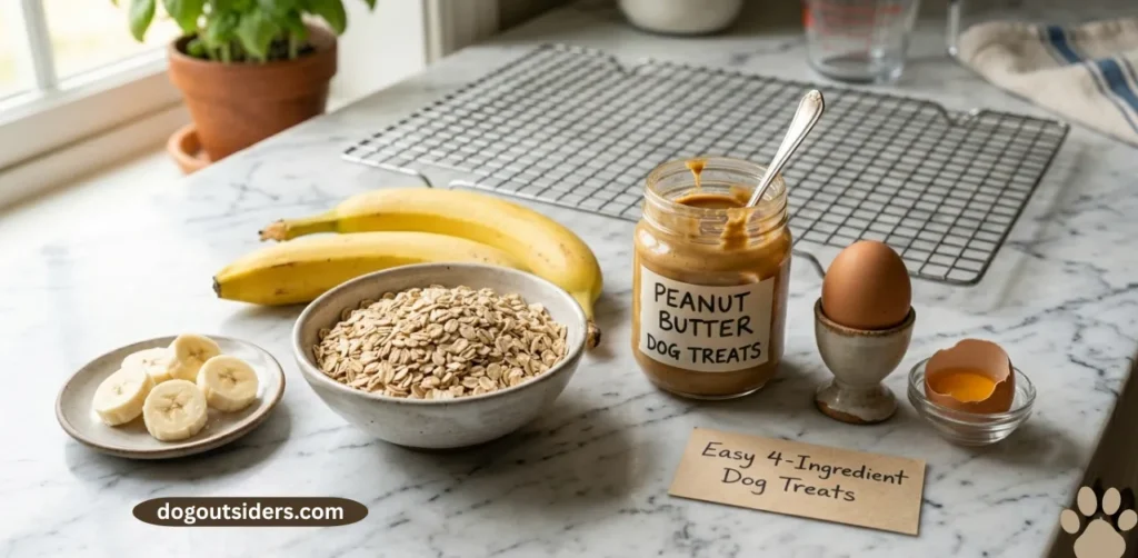 Four homemade dog treat ingredients rolled oats, banana, peanut butter, and egg on marble surface