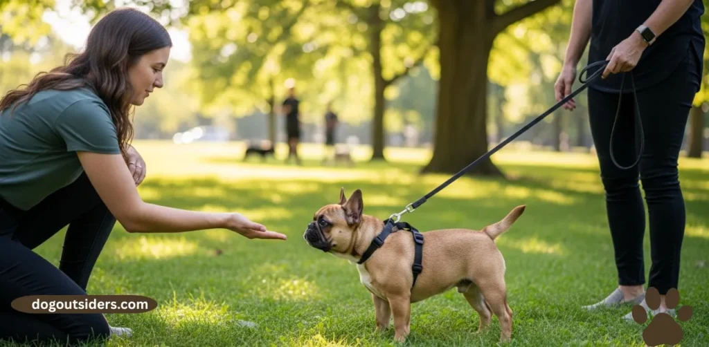 French Bulldog puppy being socialized with new person outdoors following 7-7-7 rule