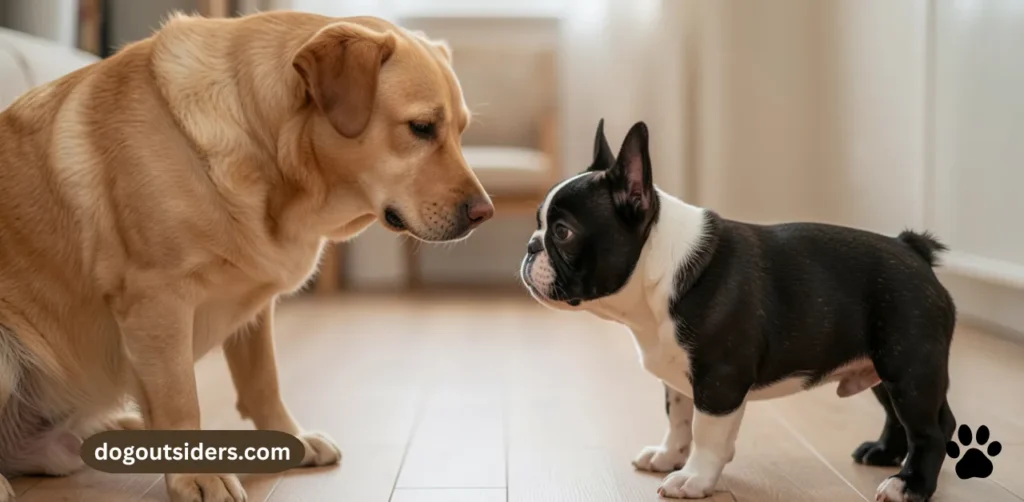 French Bulldog puppy meeting calm adult dog during structured controlled introduction