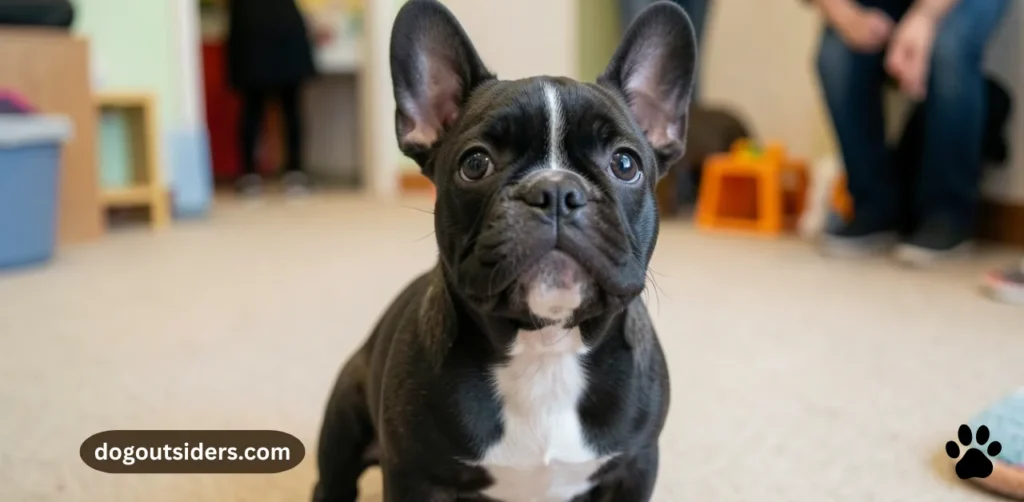 French Bulldog puppy with bat ears looking up attentively during socialization session