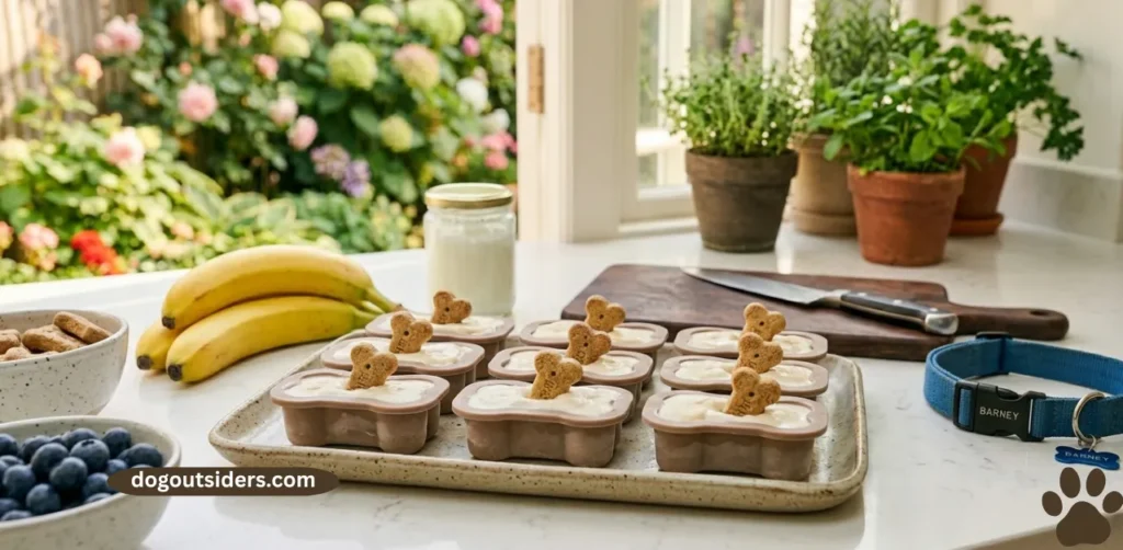 Frozen banana and Greek yogurt cups for dogs on a tray