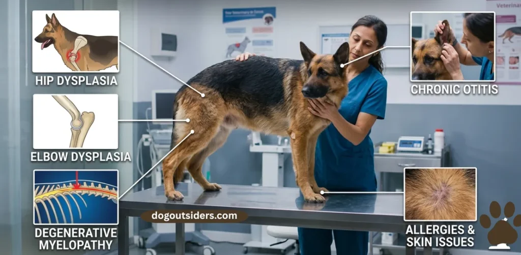 German Shepherd at vet examination showing common breed health concerns