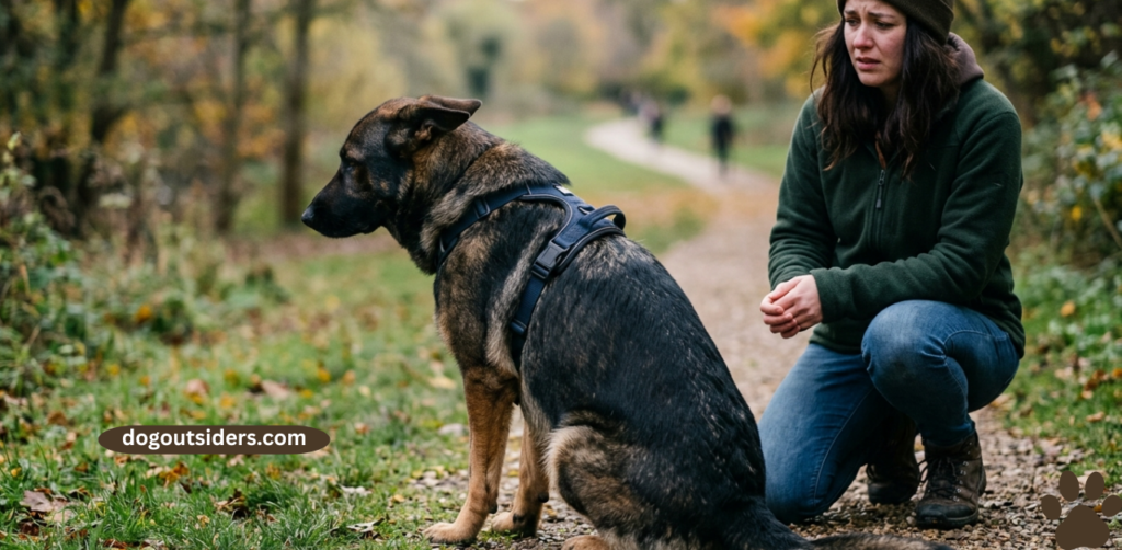 German Shepherd looking away from owner showing emotional upset body language
