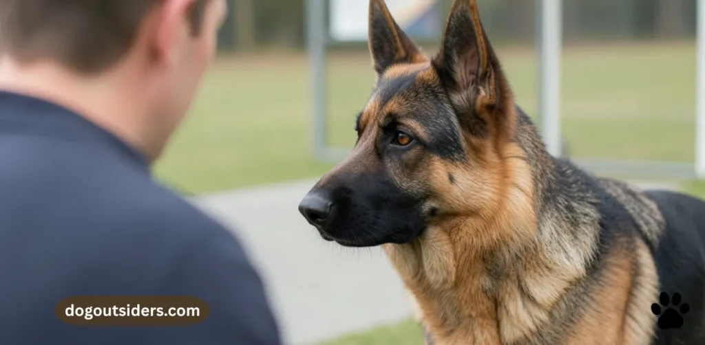 German Shepherd making focused eye contact with owner during engagement training