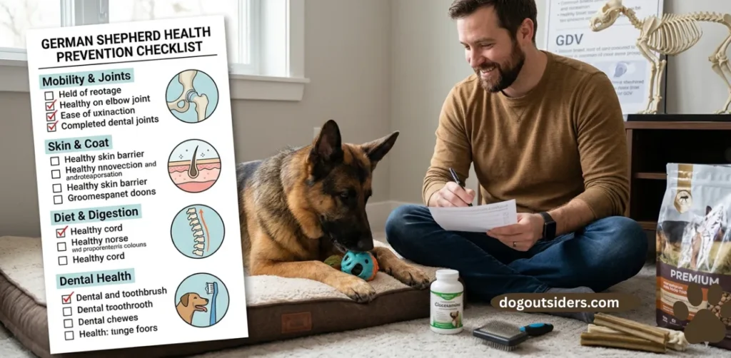 German Shepherd owner following health prevention checklist at home