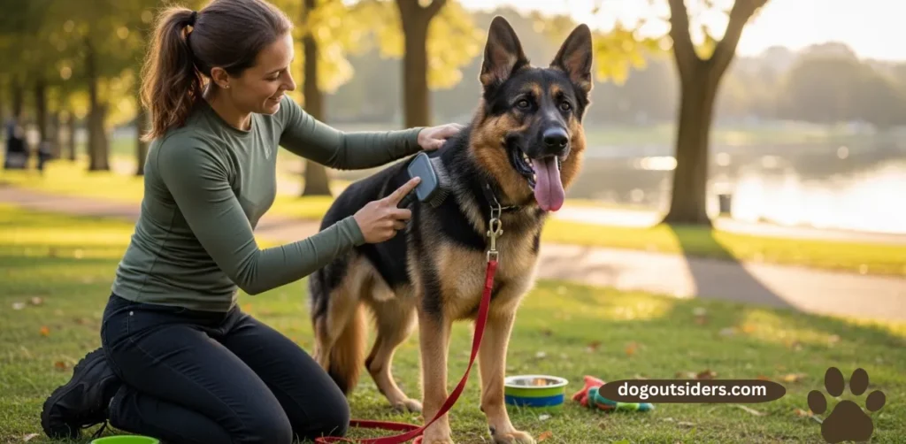 German Shepherd owner with dog outdoors showing essential care and bond