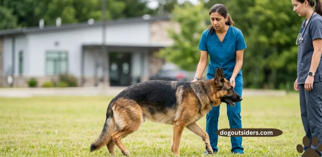 German Shepherd showing signs of hip dysplasia with uneven gait and back leg weakness