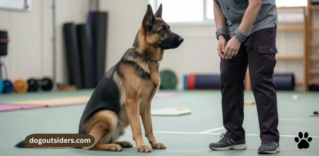 German Shepherd sitting at attention focused on handler during training session