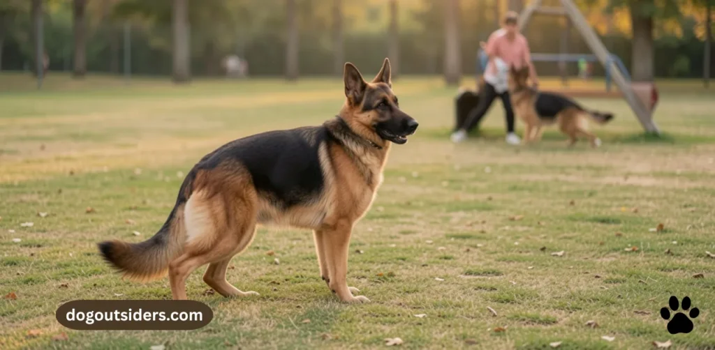 German Shepherd training below threshold at safe distance from distraction trigger