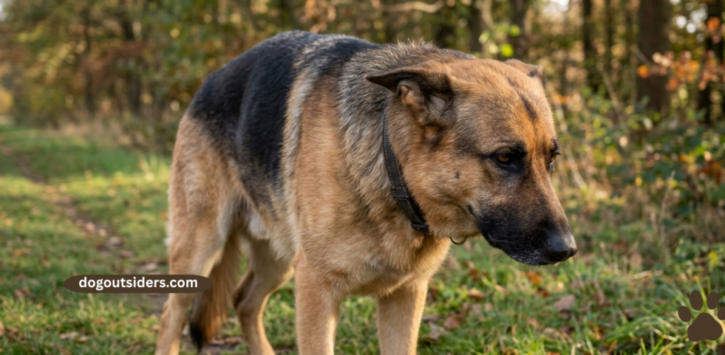 German Shepherd with ears flattened back showing stress or emotional upset signal