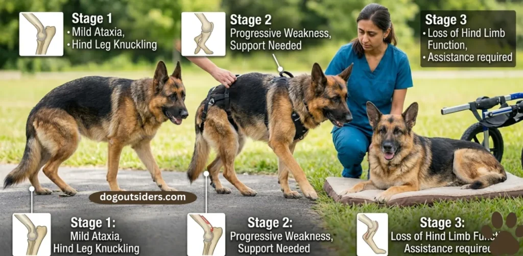 German Shepherd with hind leg weakness showing degenerative myelopathy progression