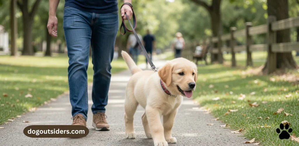 Golden retriever puppy learning loose leash walking with owner on first outdoor walk