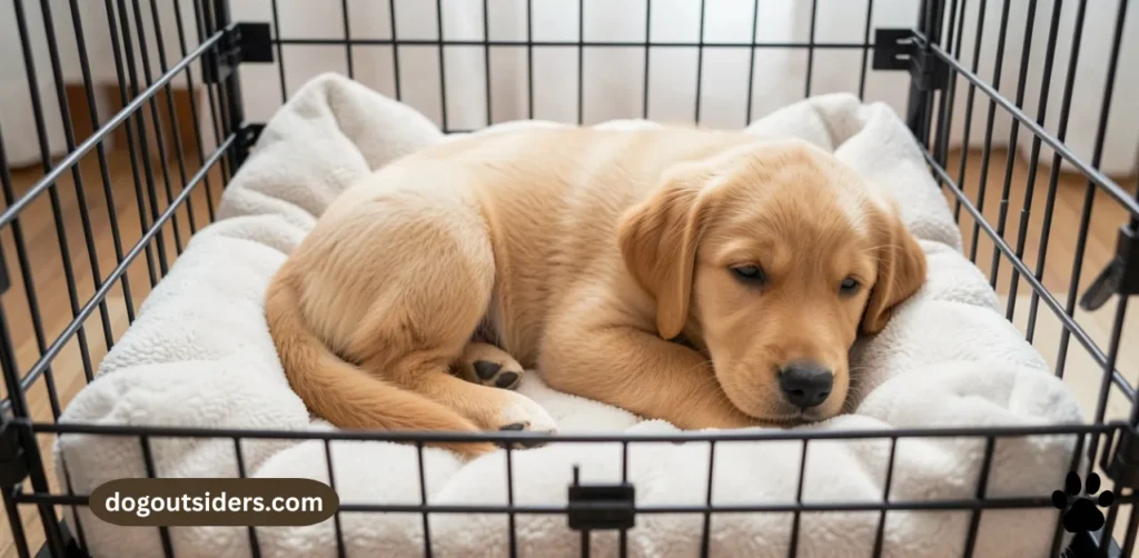 Golden retriever puppy resting calmly inside properly sized crate with soft bedding