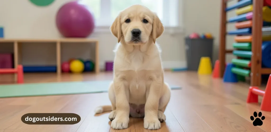 Golden retriever puppy sitting attentively during positive reinforcement training session