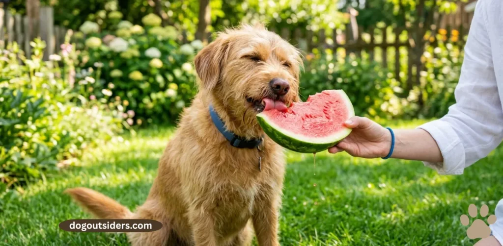 Happy dog eating seedless watermelon slice outdoors in summer