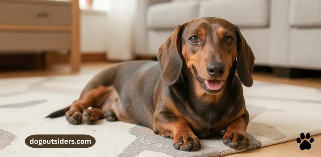 Happy relaxed dachshund lying calmly indoors after successful house training progress