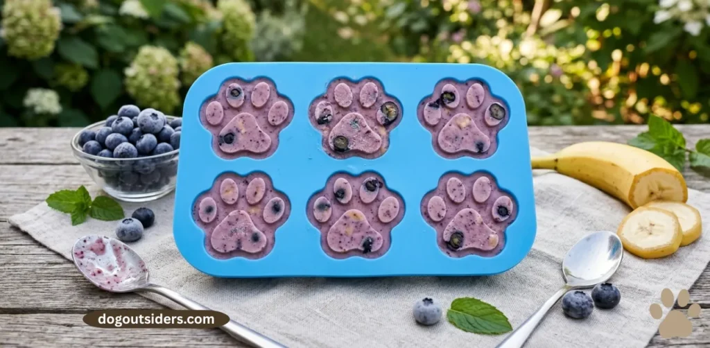 Homemade frozen summer dog treats made with banana and blueberries in silicone molds