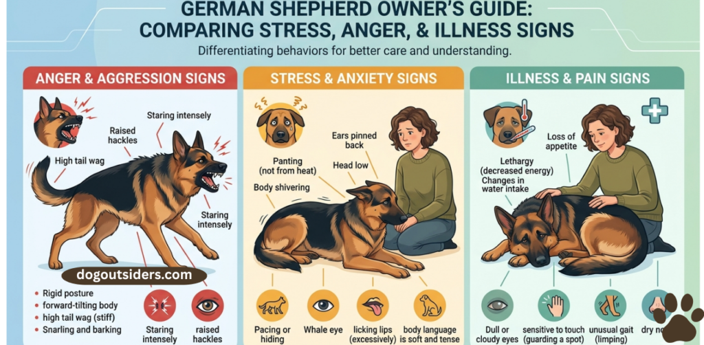 Infographic comparing anger stress and illness signs in German Shepherds for owner reference (2)