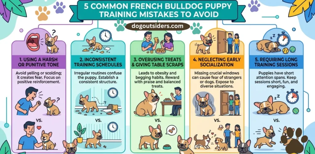Infographic showing 5 common French Bulldog puppy training mistakes to avoid