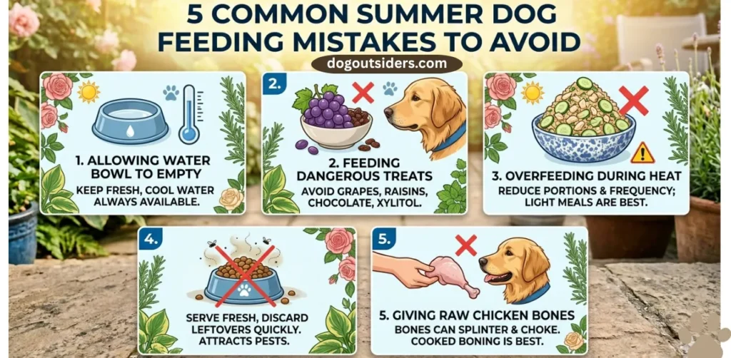 Infographic showing 5 common summer dog feeding mistakes to avoid