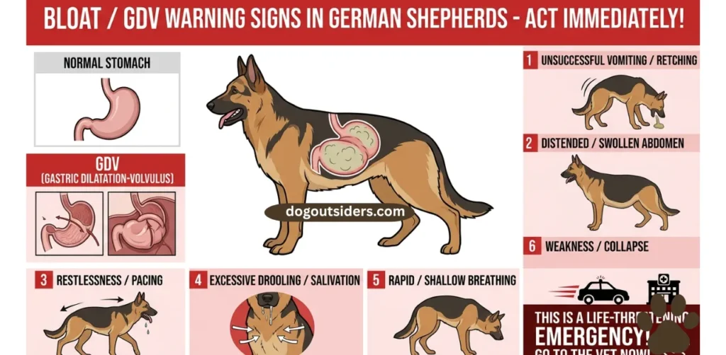 Infographic showing bloat GDV warning signs in German Shepherds