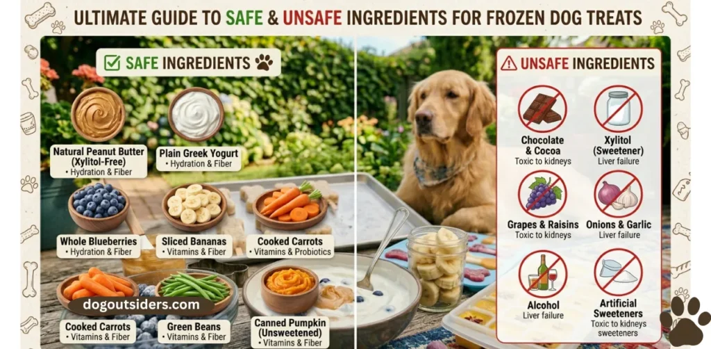 Infographic showing safe and unsafe ingredients for homemade frozen dog treats