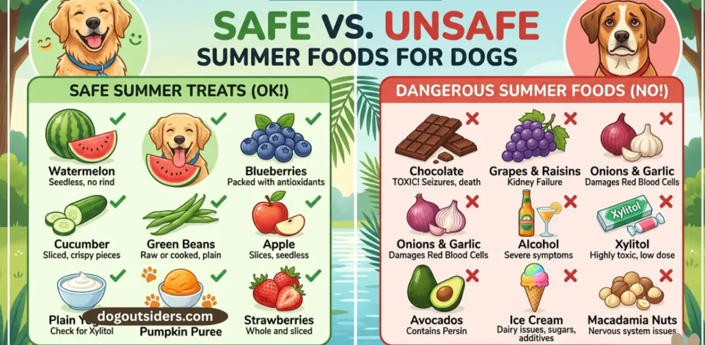 Infographic showing safe versus unsafe summer foods for dogs
